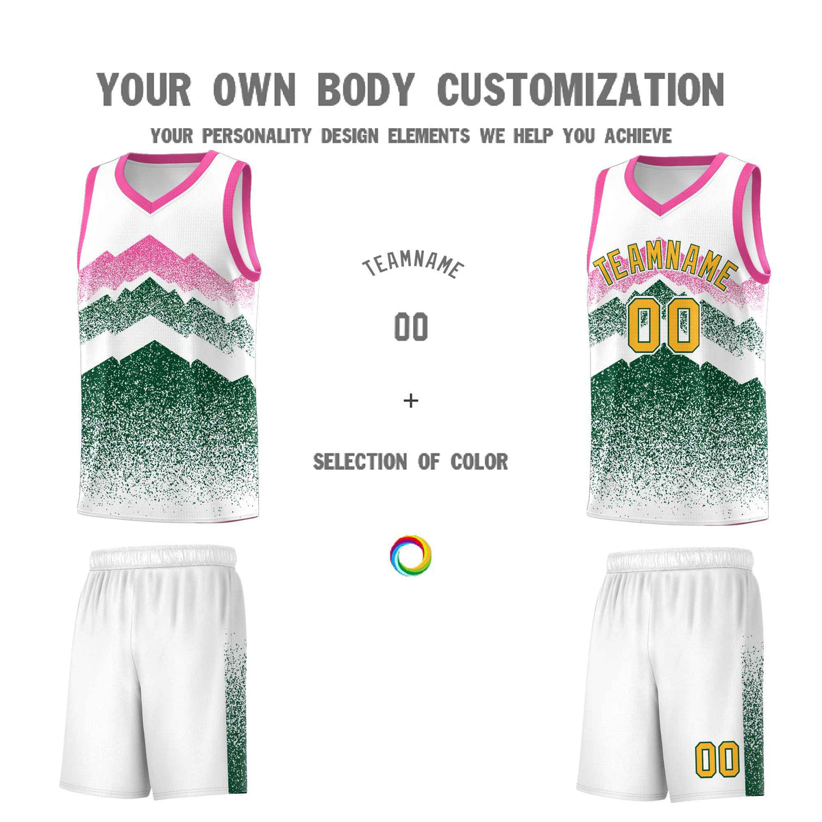 Custom Youth Basketball Jerseys White Green Gradient Mountain Design Uniforms