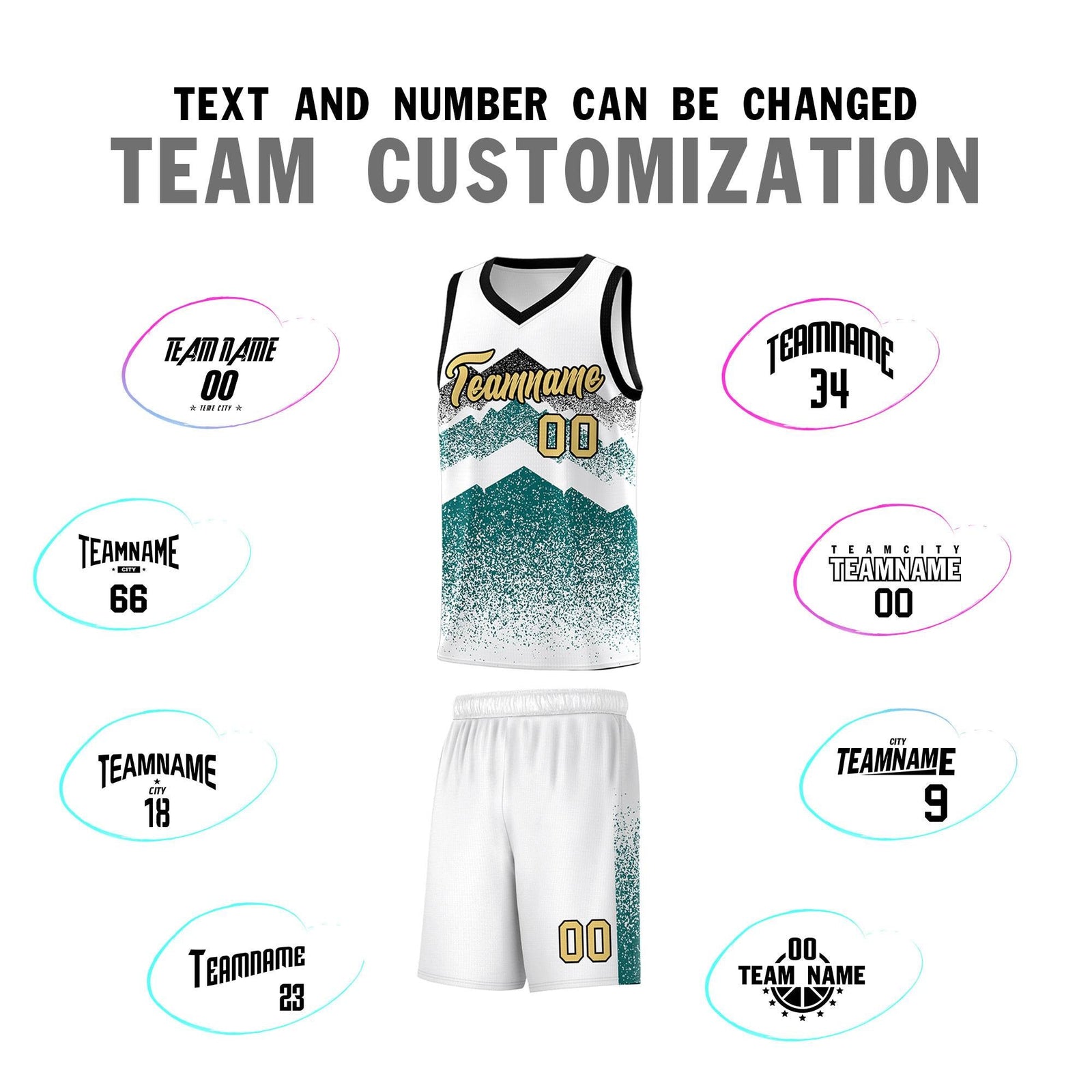 Custom Youth Basketball Jerseys White Teal Gradient Mountain Design Uniforms