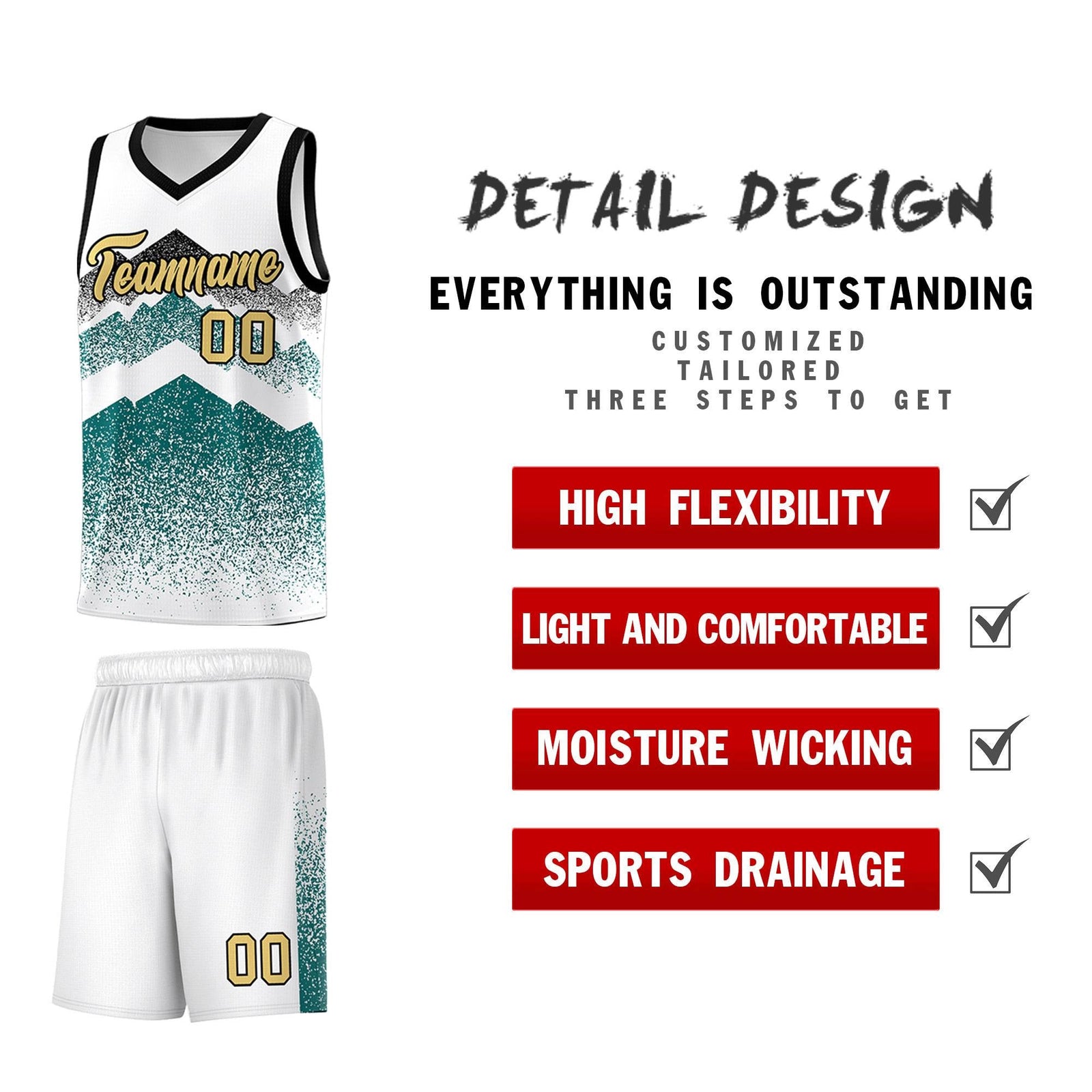 Custom Youth Basketball Jerseys White Teal Gradient Mountain Design Uniforms