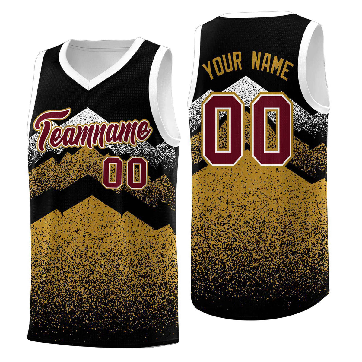 Custom Youth Basketball Jerseys Black Old Gold Gradient Mountain Design Uniforms
