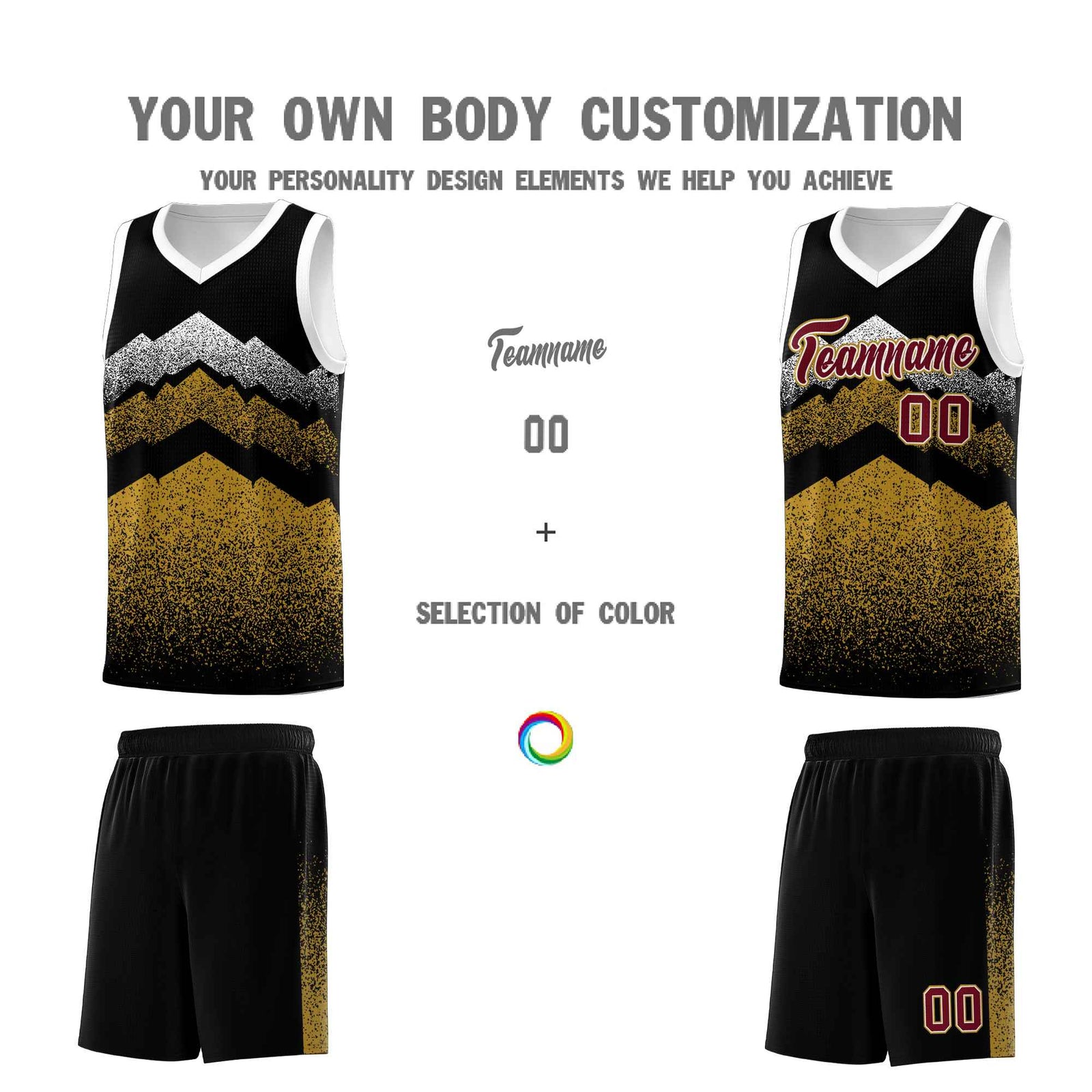Custom Youth Basketball Jerseys Black Old Gold Gradient Mountain Design Uniforms