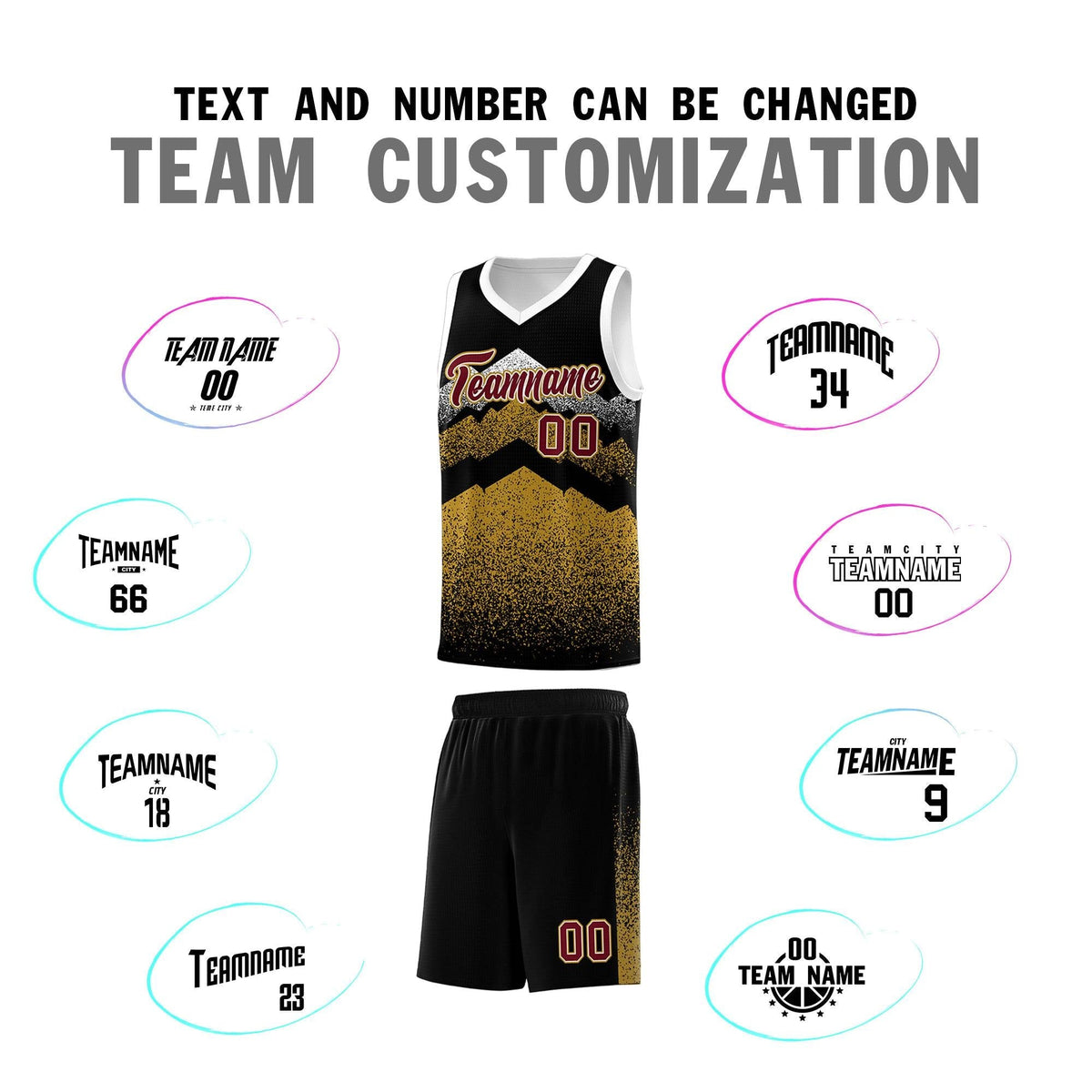 Custom Youth Basketball Jerseys Black Old Gold Gradient Mountain Design Uniforms