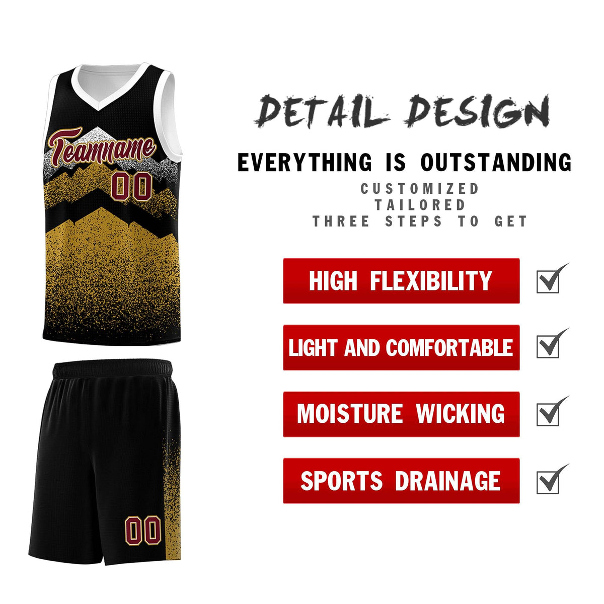 Custom Youth Basketball Jerseys Black Old Gold Gradient Mountain Design Uniforms