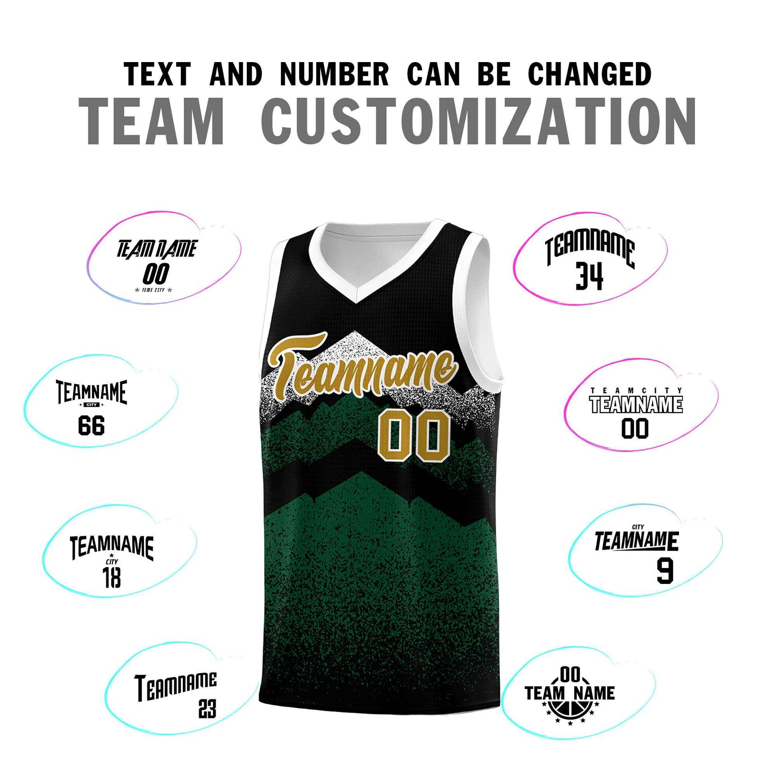 Personalized Youth Basketball Jerseys   Black Green Gradient Mountain Design Uniforms