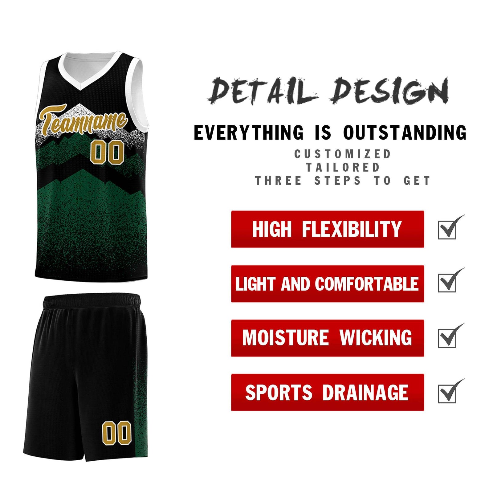 Personalized Youth Basketball Jerseys   Black Green Gradient Mountain Design Uniforms