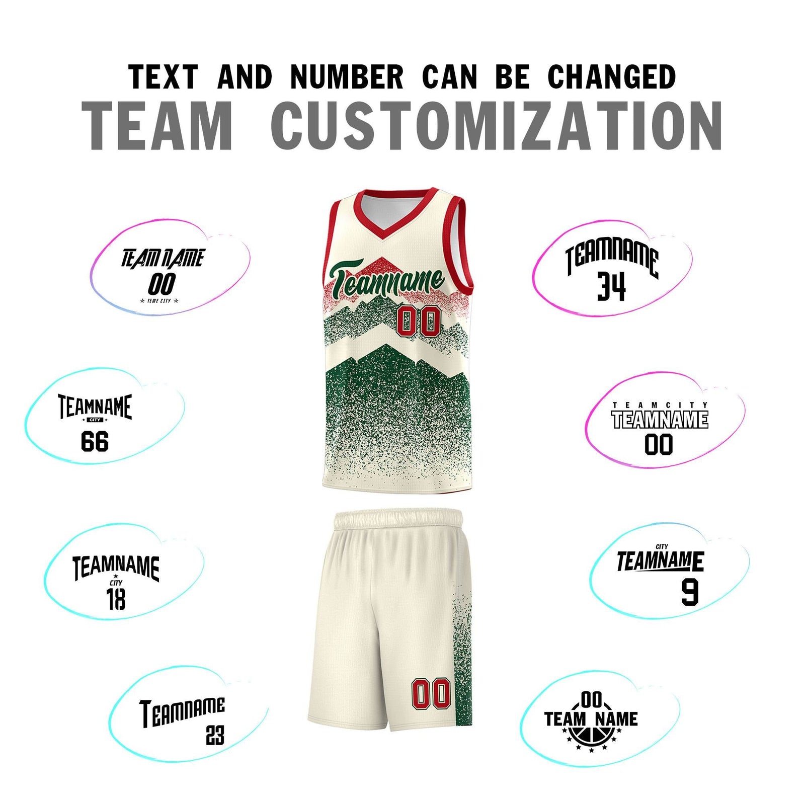 Personalized Youth Basketball Jerseys   Cream Green Gradient Mountain Design Uniforms