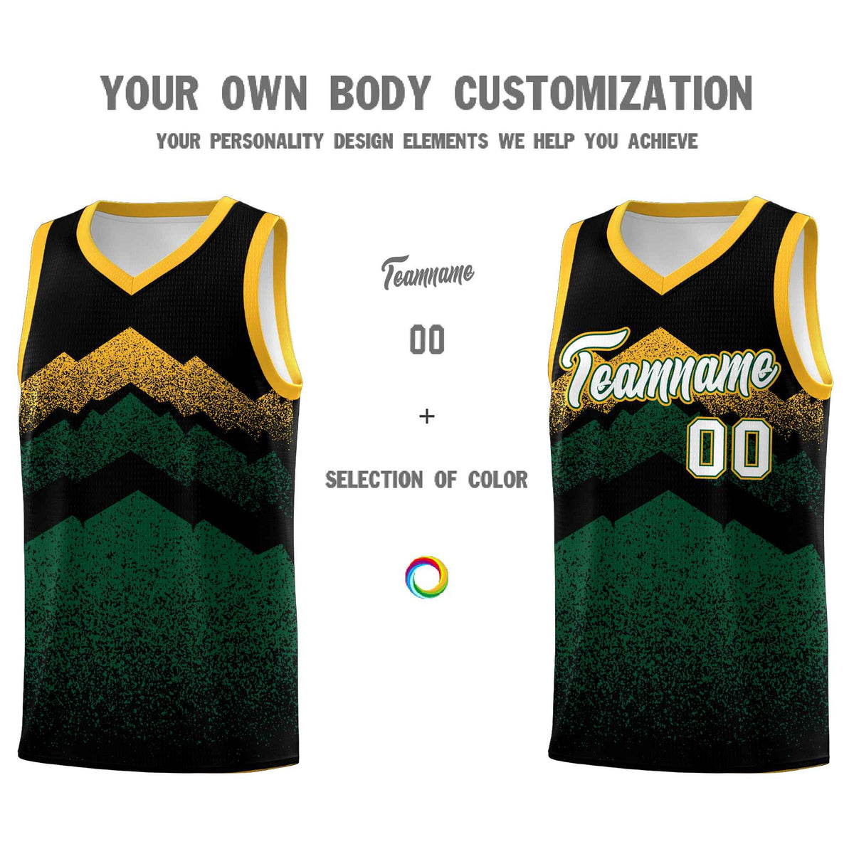Custom Youth Basketball Jerseys Black Green Gradient Mountain Design Uniforms