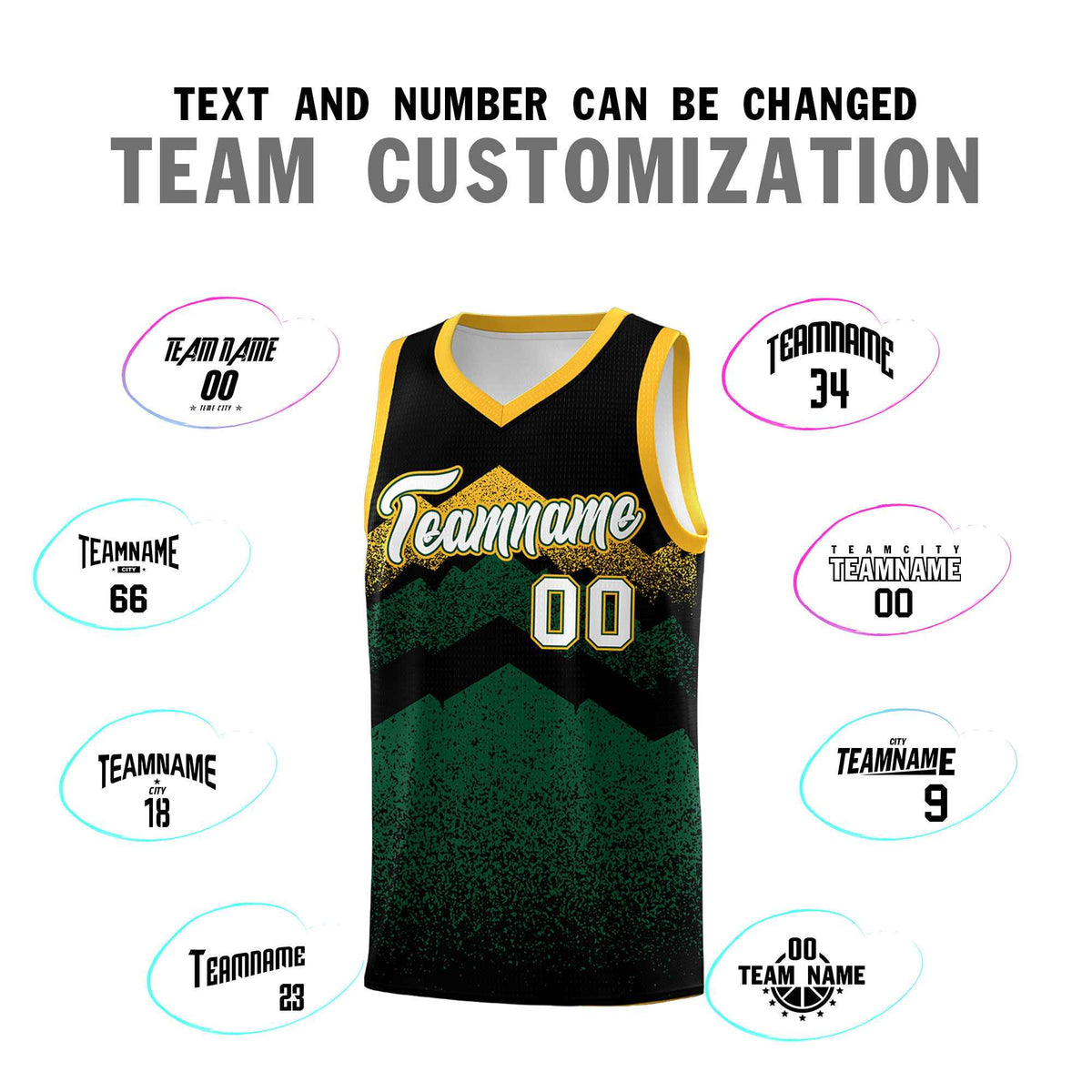 Custom Youth Basketball Jerseys Black Green Gradient Mountain Design Uniforms