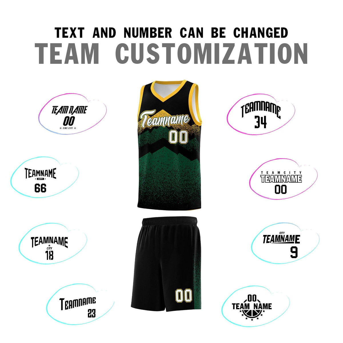 Custom Youth Basketball Jerseys Black Green Gradient Mountain Design Uniforms