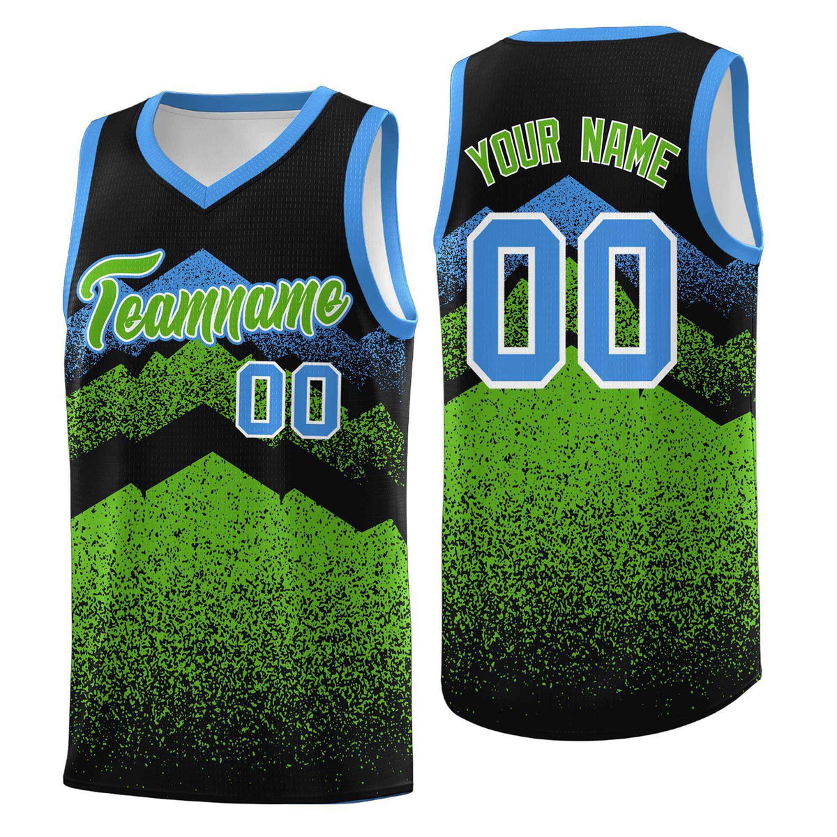 Personalized Youth Basketball Jerseys   Black Green Gradient Mountain Design Uniforms