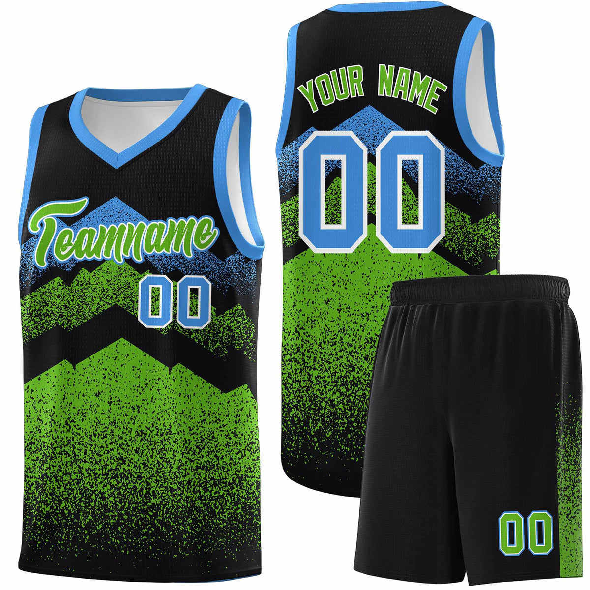 Personalized Youth Basketball Jerseys   Black Green Gradient Mountain Design Uniforms