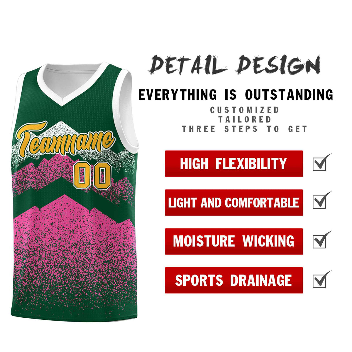 Custom Youth Basketball Jerseys Green Pink Gradient Mountain Design Uniforms