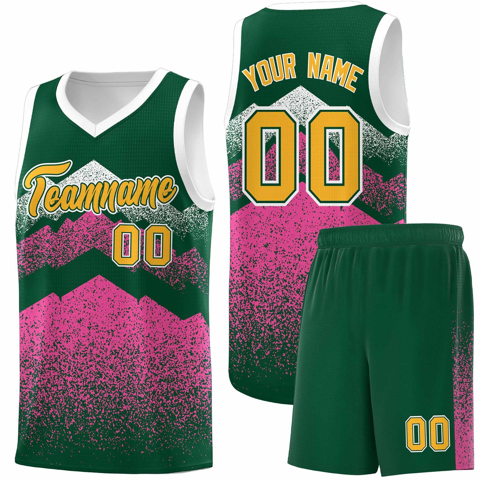 Custom Youth Basketball Jerseys Green Pink Gradient Mountain Design Uniforms