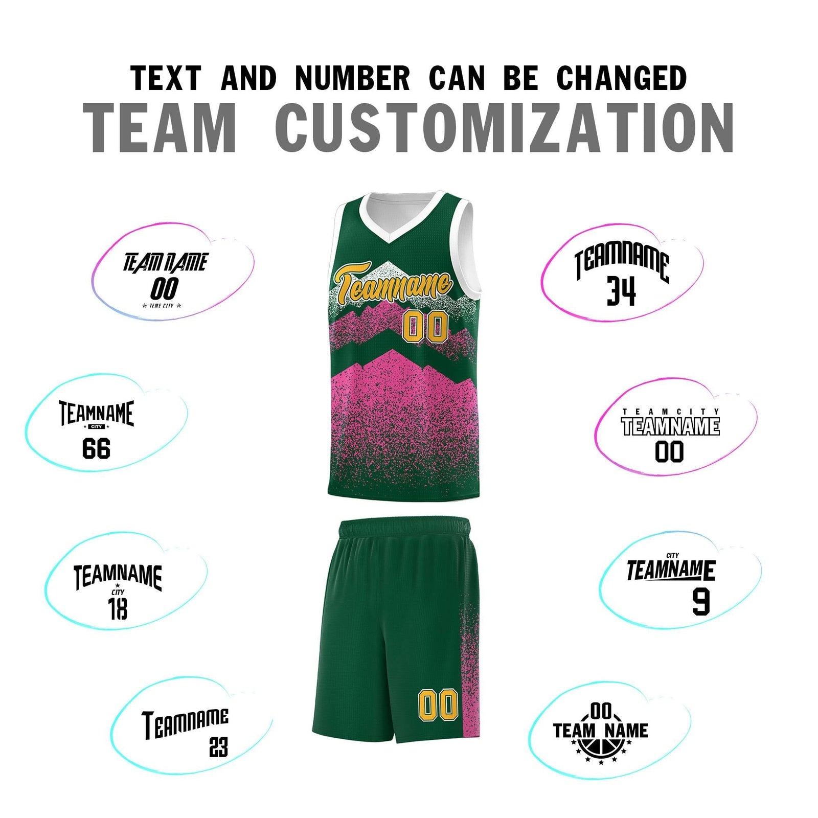 Custom Youth Basketball Jerseys Green Pink Gradient Mountain Design Uniforms