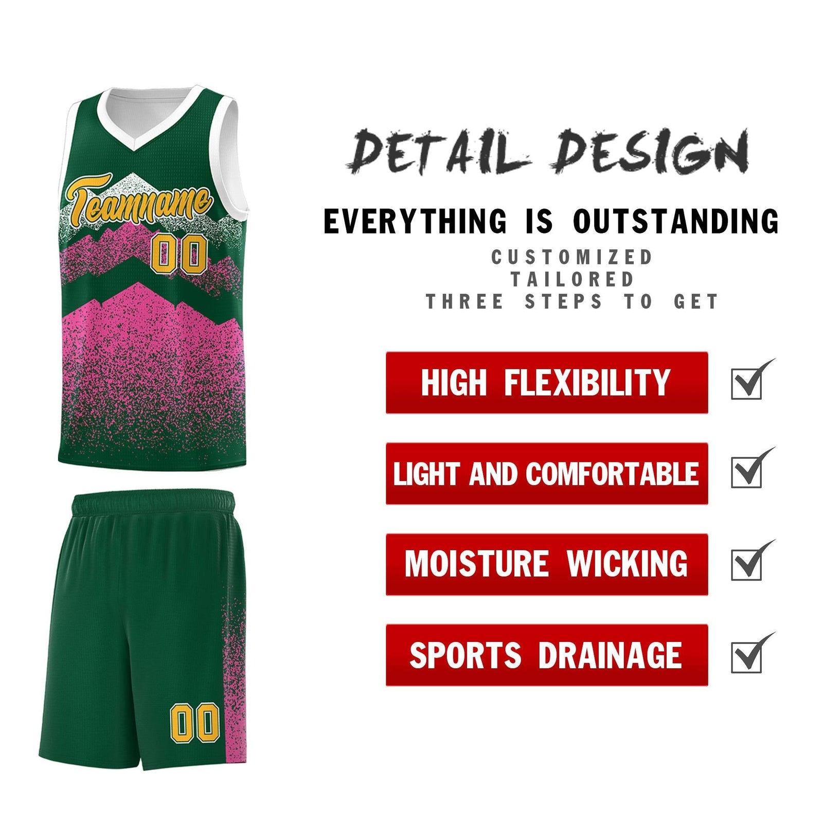 Custom Youth Basketball Jerseys Green Pink Gradient Mountain Design Uniforms