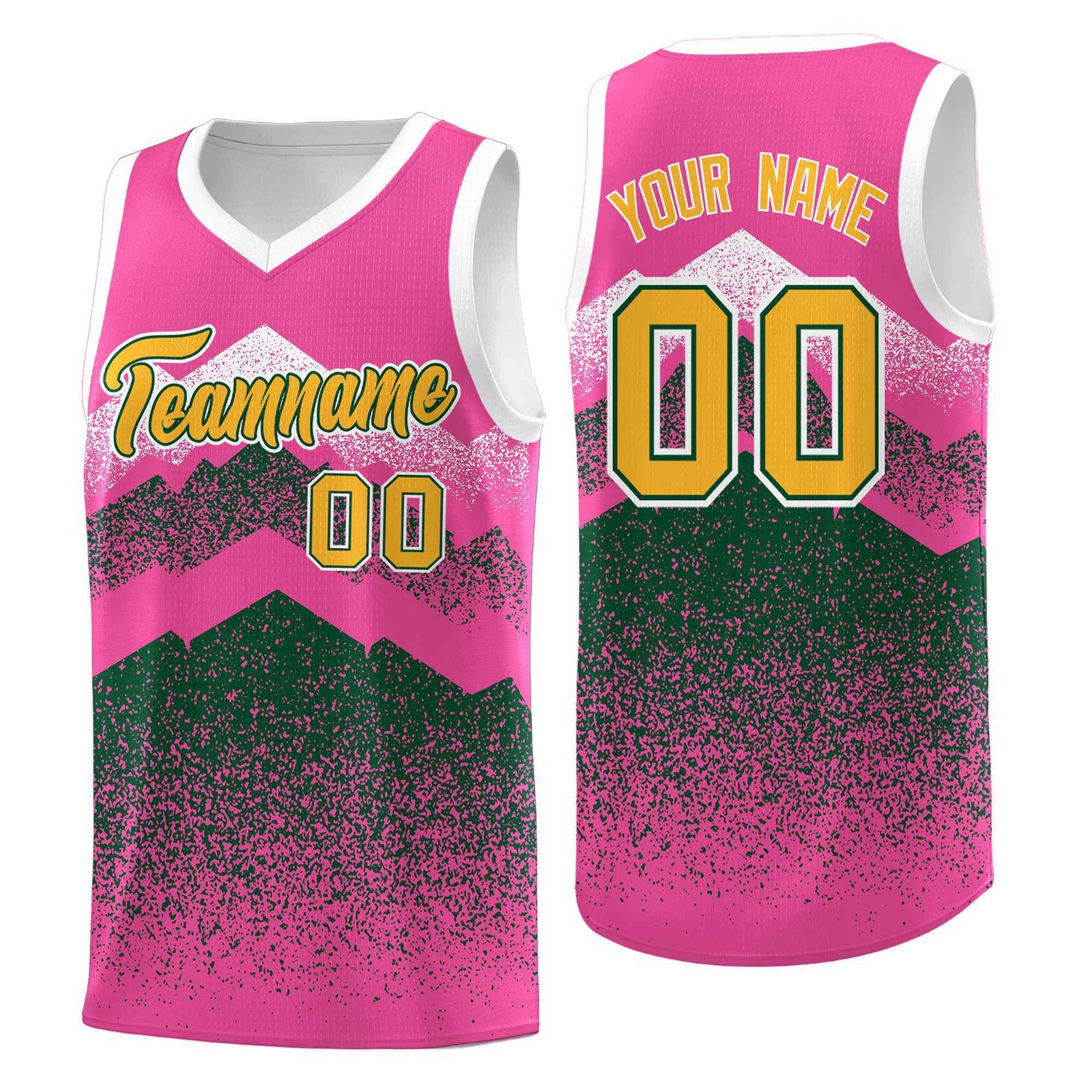 Personalized Youth Basketball Jerseys   Pink Green Gradient Mountain Design Uniforms