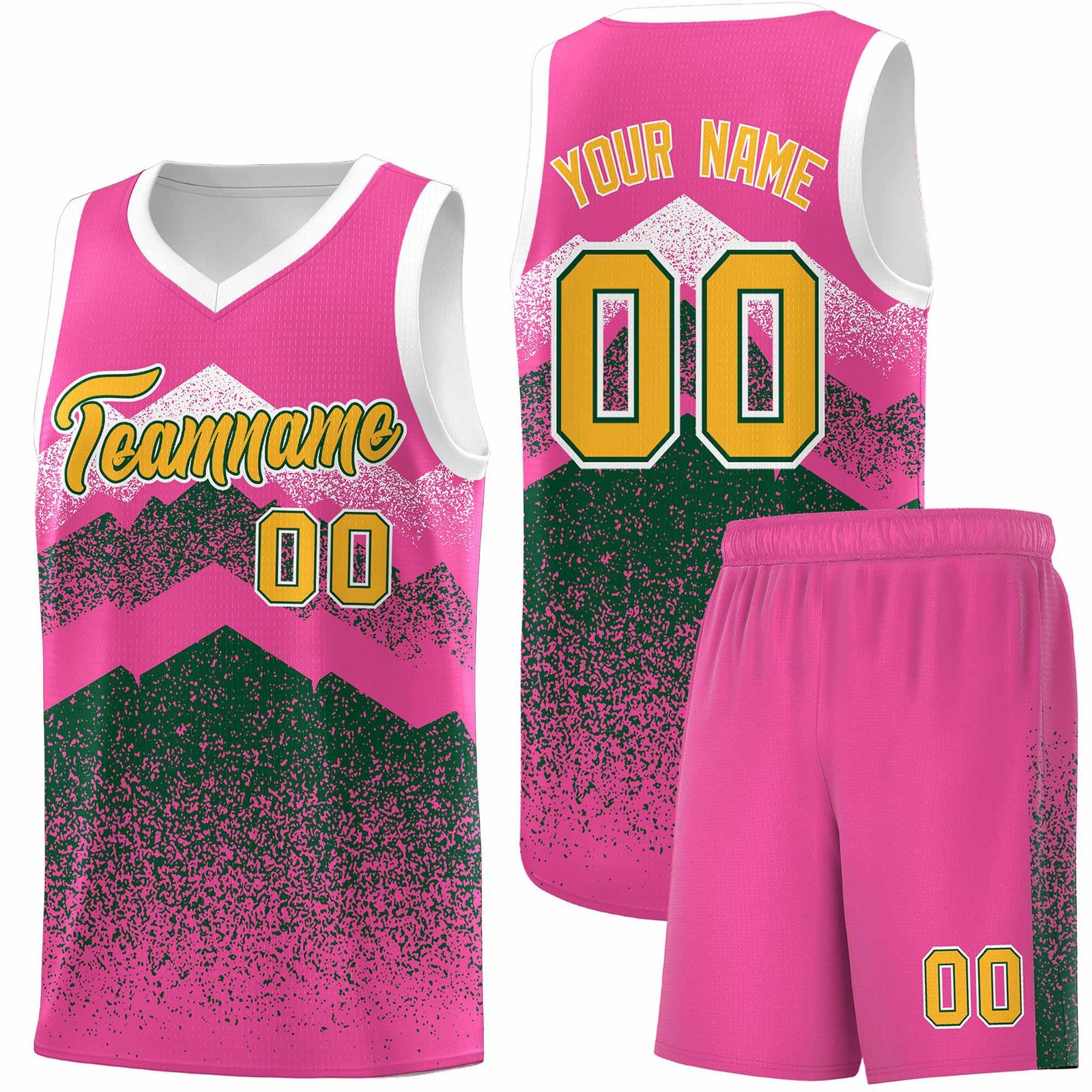 Personalized Youth Basketball Jerseys   Pink Green Gradient Mountain Design Uniforms