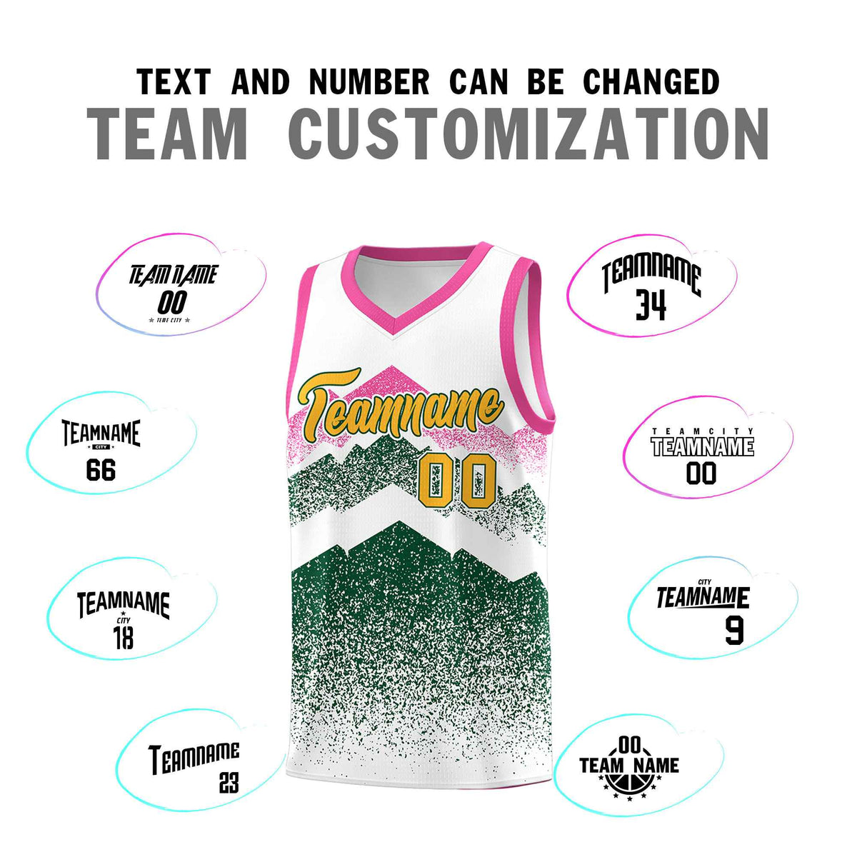 Custom Youth Basketball Jerseys White Green Gradient Mountain Design Uniforms
