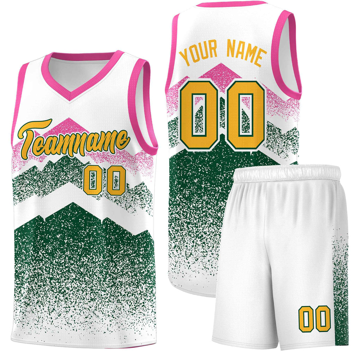 Custom Youth Basketball Jerseys White Green Gradient Mountain Design Uniforms