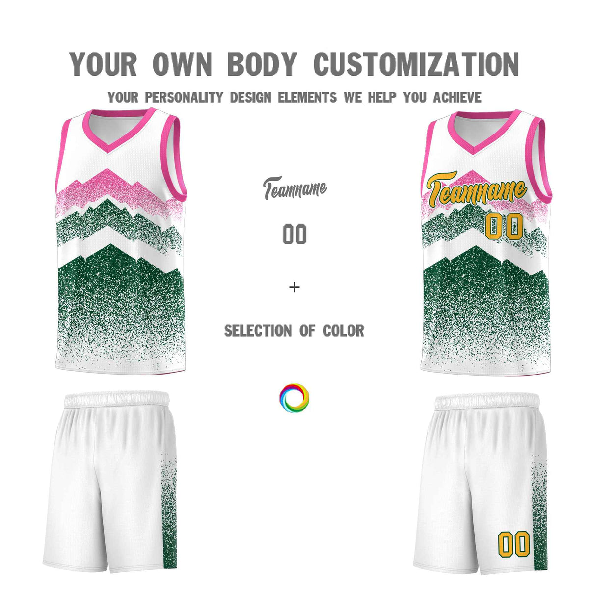 Custom Youth Basketball Jerseys White Green Gradient Mountain Design Uniforms