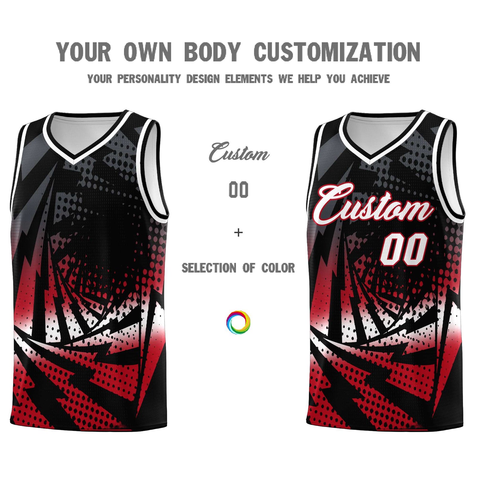 Custom Youth Basketball Jerseys Black Red Lightning Halftone Personalized Team Uniforms