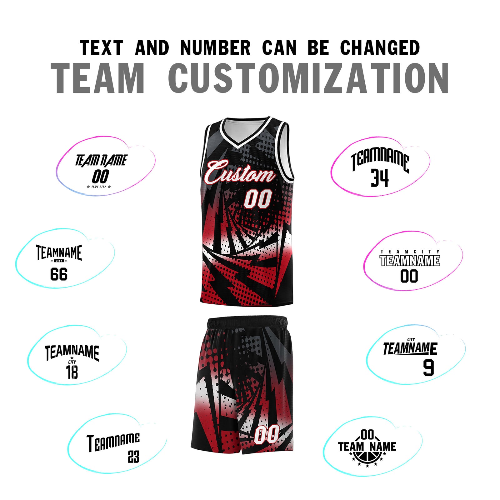 Custom Youth Basketball Jerseys Black Red Lightning Halftone Personalized Team Uniforms