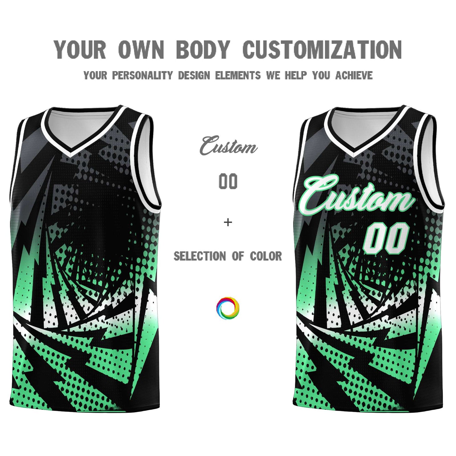 Custom Youth Basketball Jerseys Black Green Lightning Design Halftone Personalized Uniforms