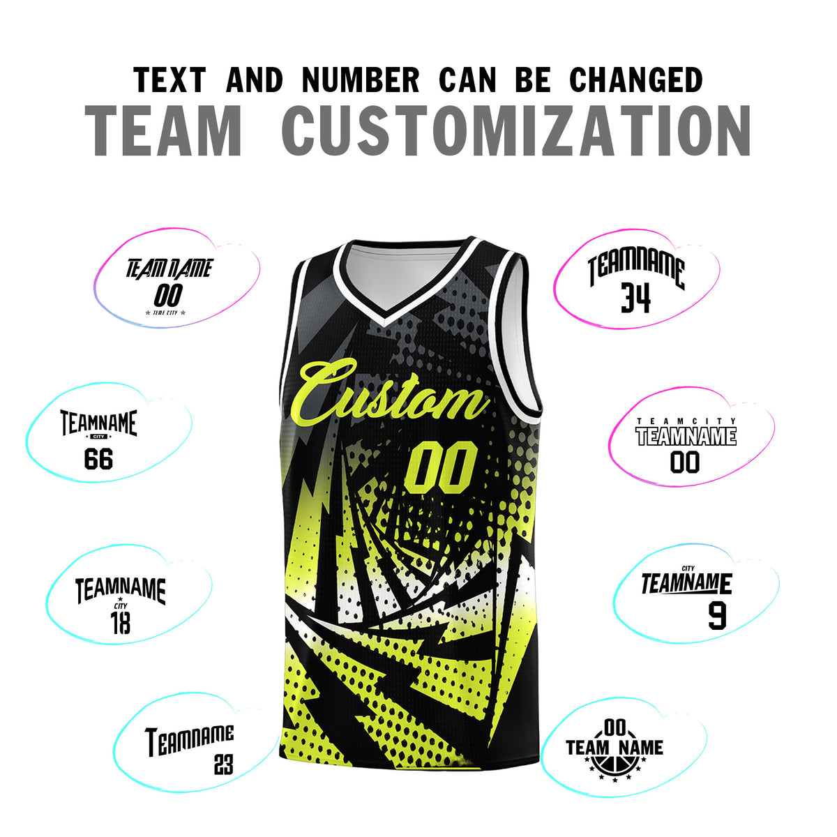 Custom Youth Basketball Jerseys Black Fluorescent Green Lightning Halftone Personalized Team Uniforms