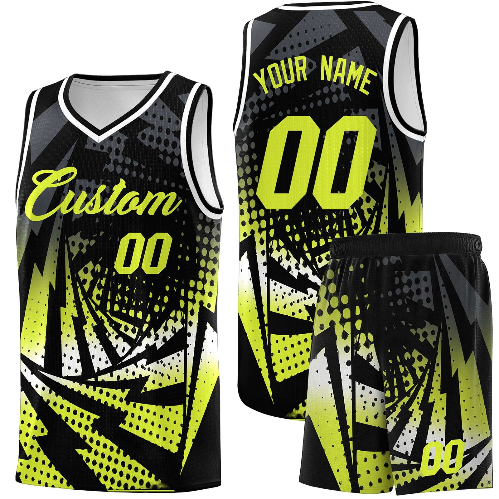 Custom Youth Basketball Jerseys Black Fluorescent Green Lightning Halftone Personalized Team Uniforms