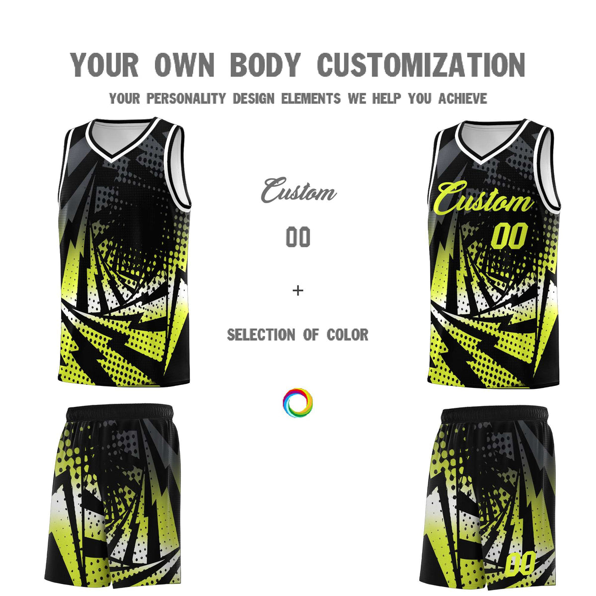 Custom Youth Basketball Jerseys Black Fluorescent Green Lightning Halftone Personalized Team Uniforms