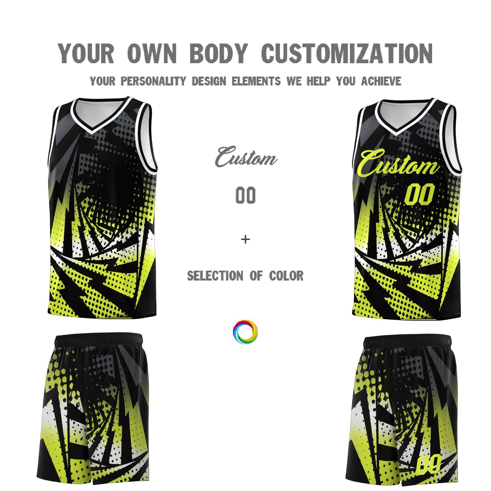 Custom Youth Basketball Jerseys Black Fluorescent Green Lightning Halftone Personalized Team Uniforms