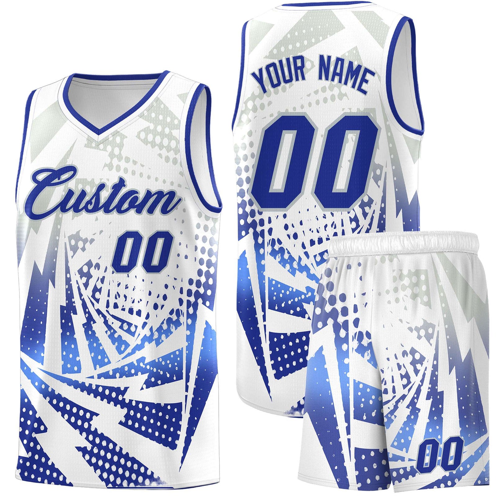 Custom Youth Basketball Jerseys White Royal Blue Lightning Design Halftone Personalized Uniforms