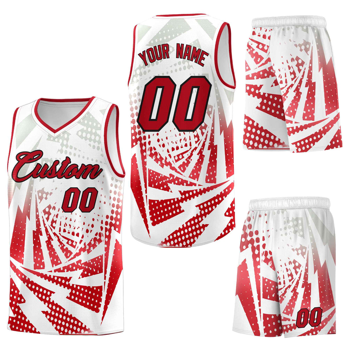 Custom White Red Lightning Halftone Dot Design Breathable Uniform Basketball Jersey
