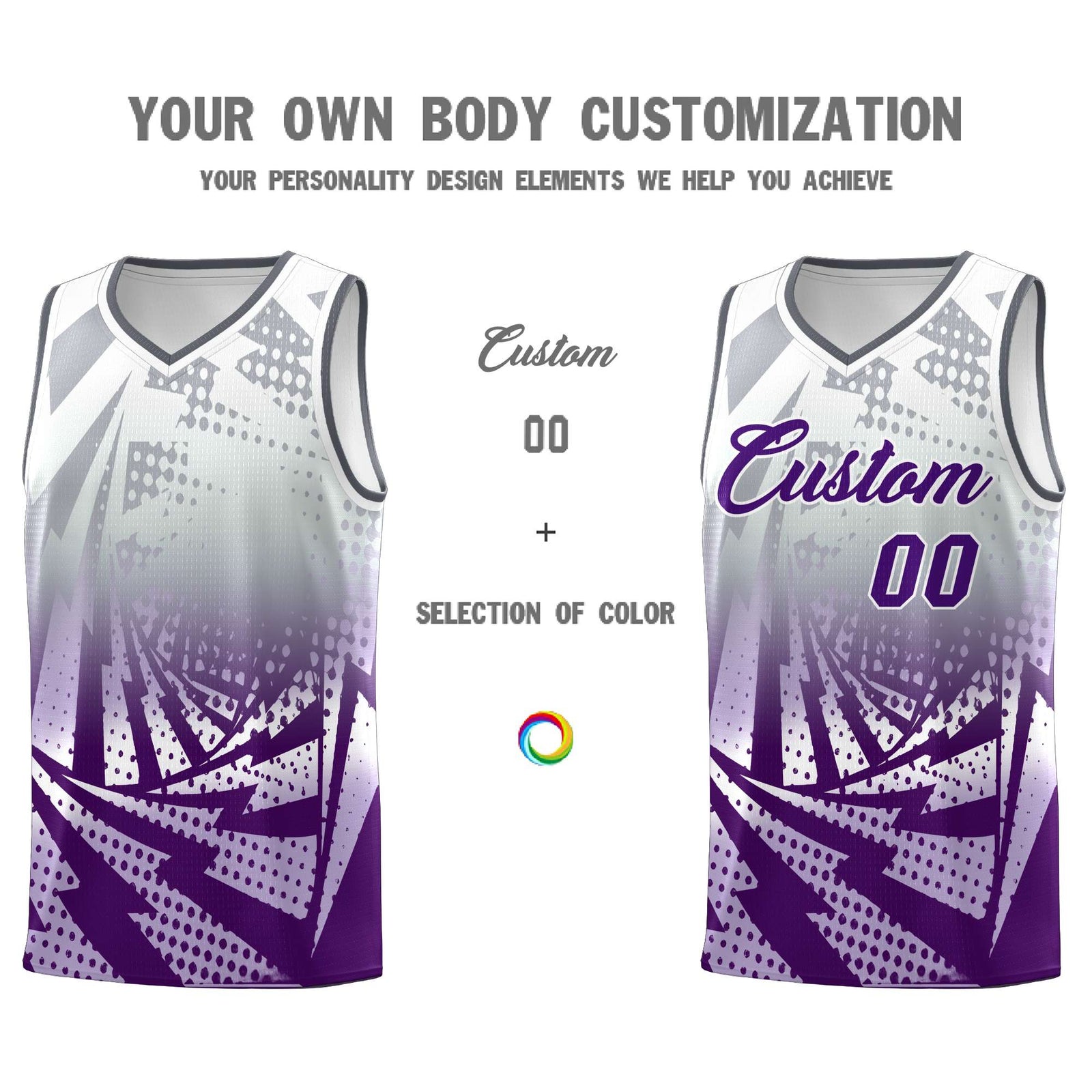 Custom Youth Basketball Jerseys Silver Gray Purple Lightning Design Halftone Personalized Uniforms