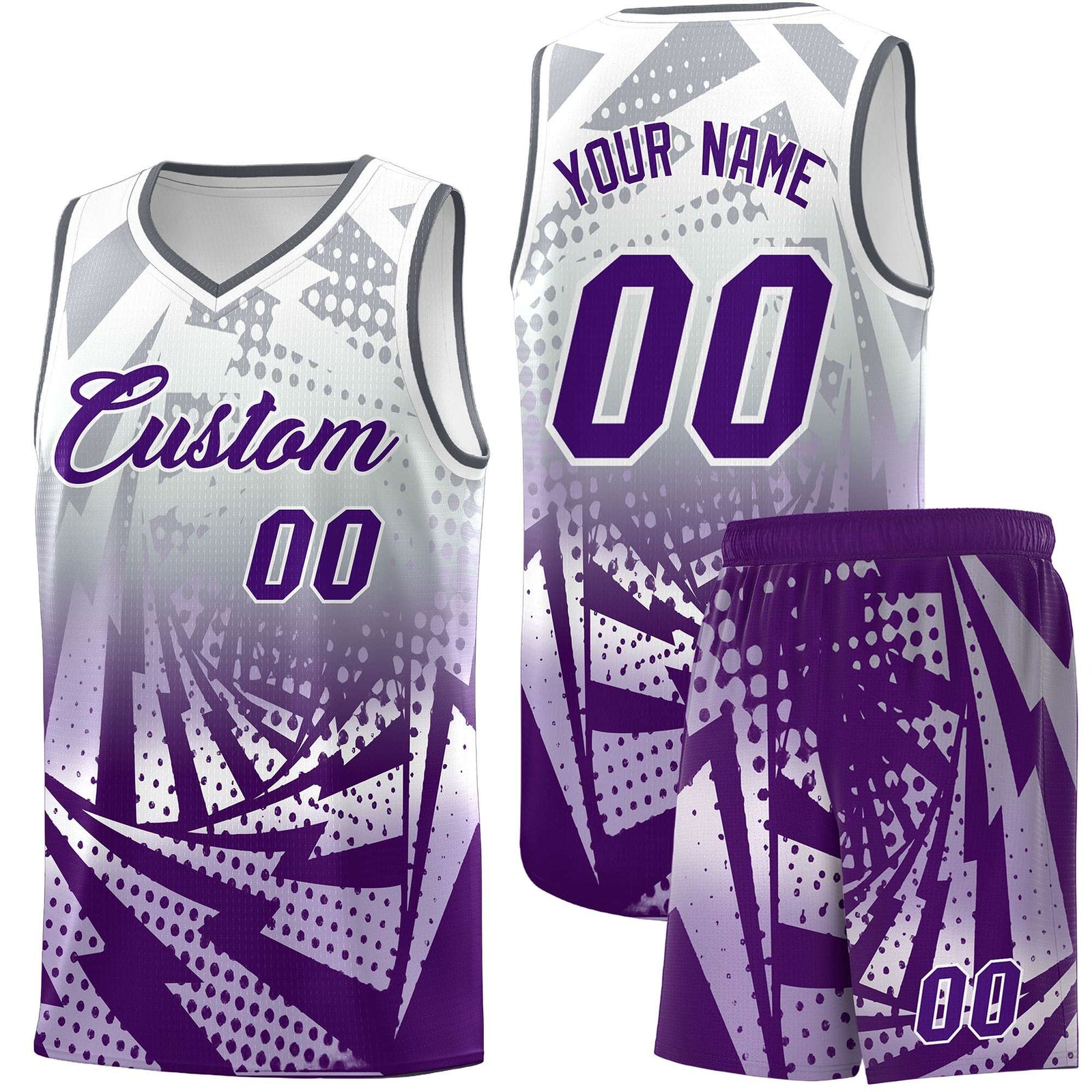 Custom Youth Basketball Jerseys Silver Gray Purple Lightning Design Halftone Personalized Uniforms