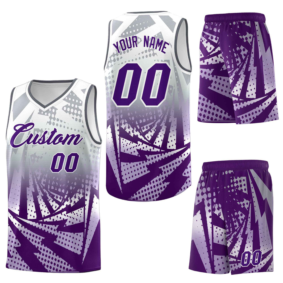 Custom Silver Gray Purple Lightning Halftone Dot Design Quick-Drying Uniform Basketball Jersey