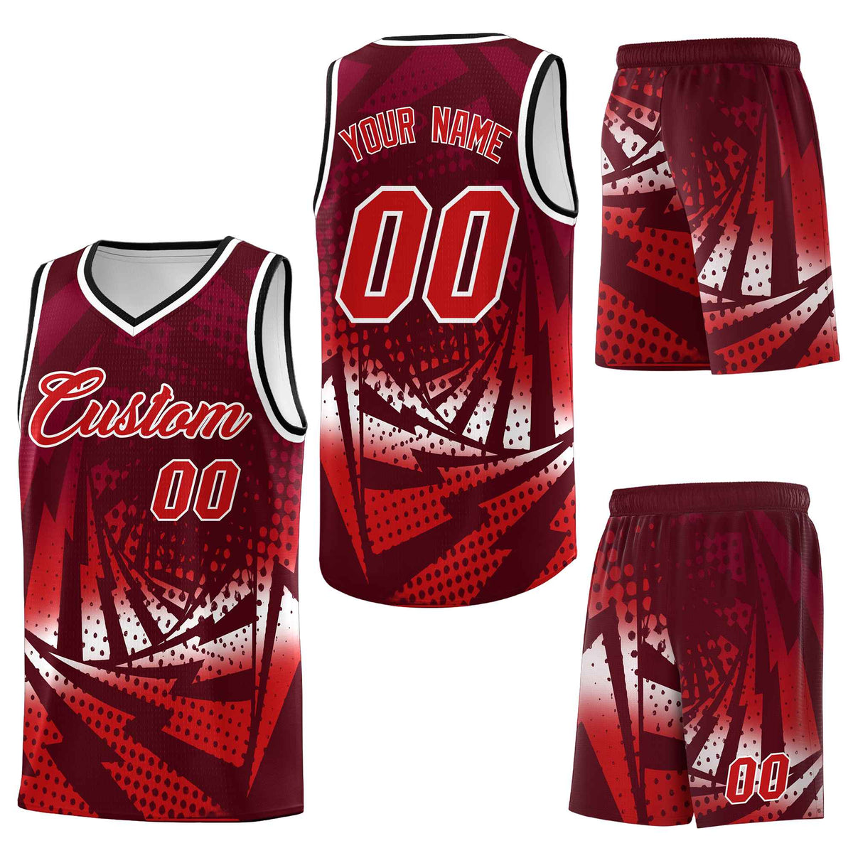 Custom Maroon Red Lightning Halftone Dot Design Drapable Uniform Basketball Jersey