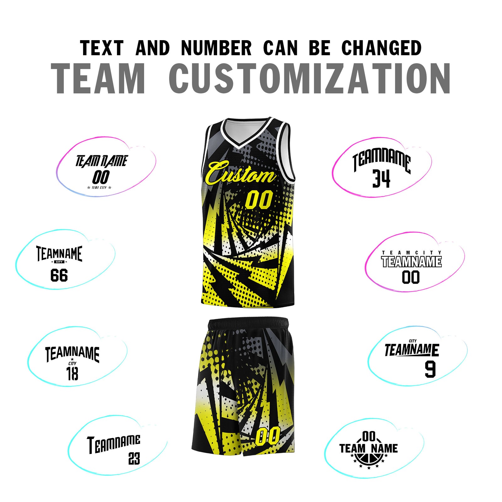 Custom Youth Basketball Jerseys Black Fluorescent Yellow Lightning Design Halftone Personalized Uniforms