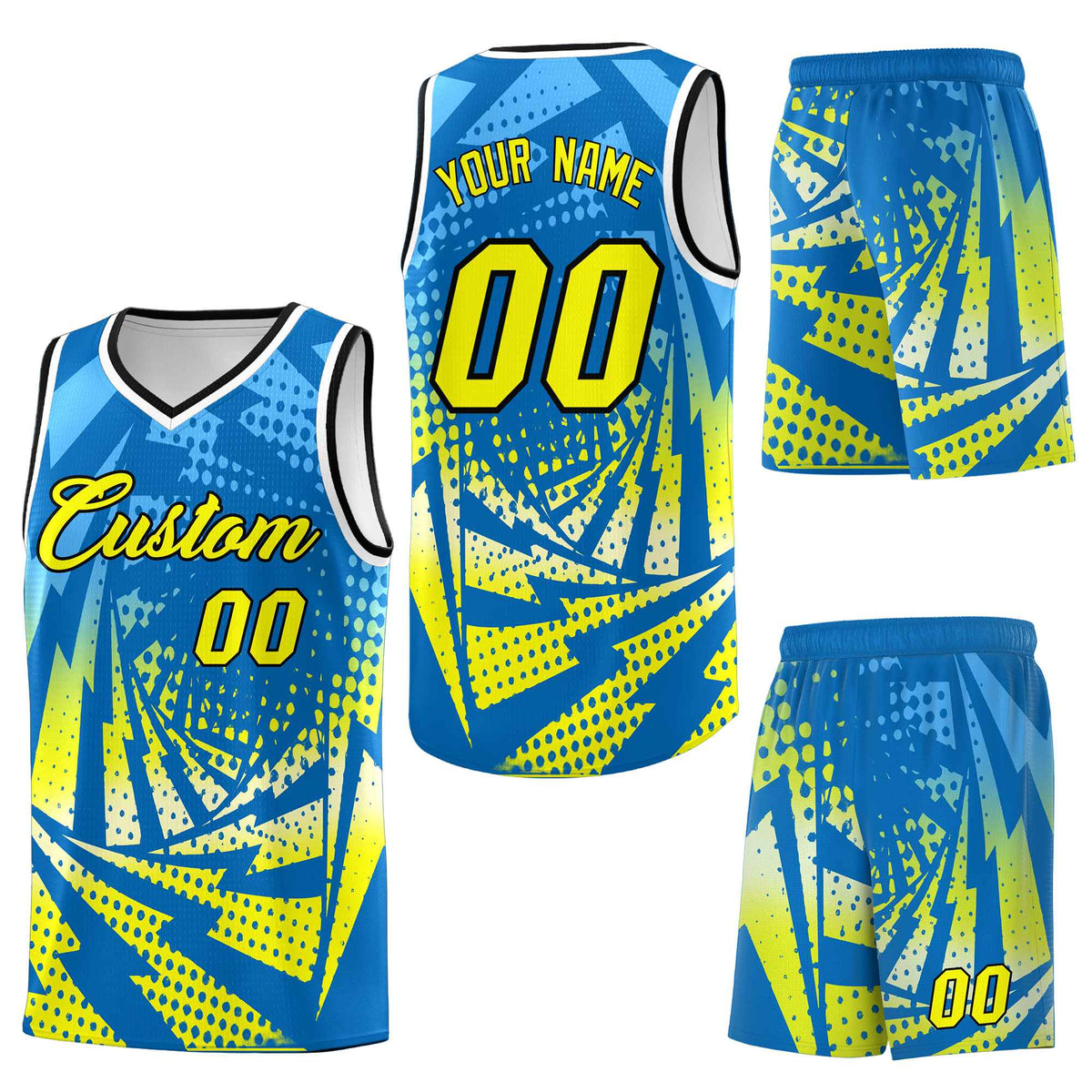 Custom Light Blue Fluorescent Yellow Lightning Halftone Dot Design Lightweight Uniform Basketball Jersey