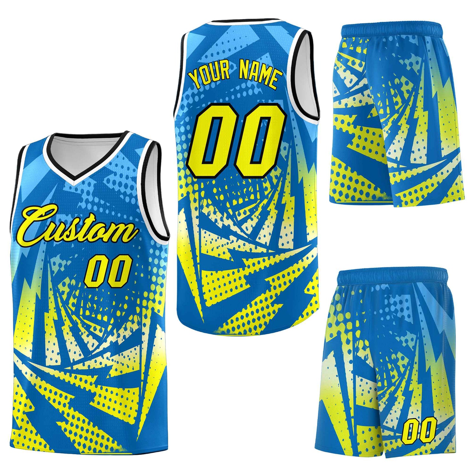 Custom Light Blue Fluorescent Yellow Lightning Halftone Dot Design Lightweight Uniform Basketball Jersey