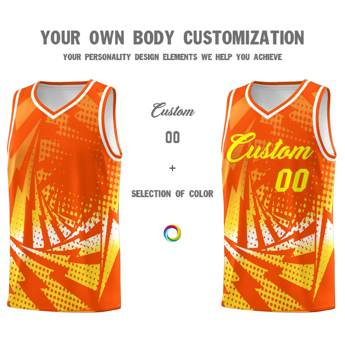 Custom Youth Basketball Jerseys Orange Gold Lightning Halftone Personalized Team Uniforms