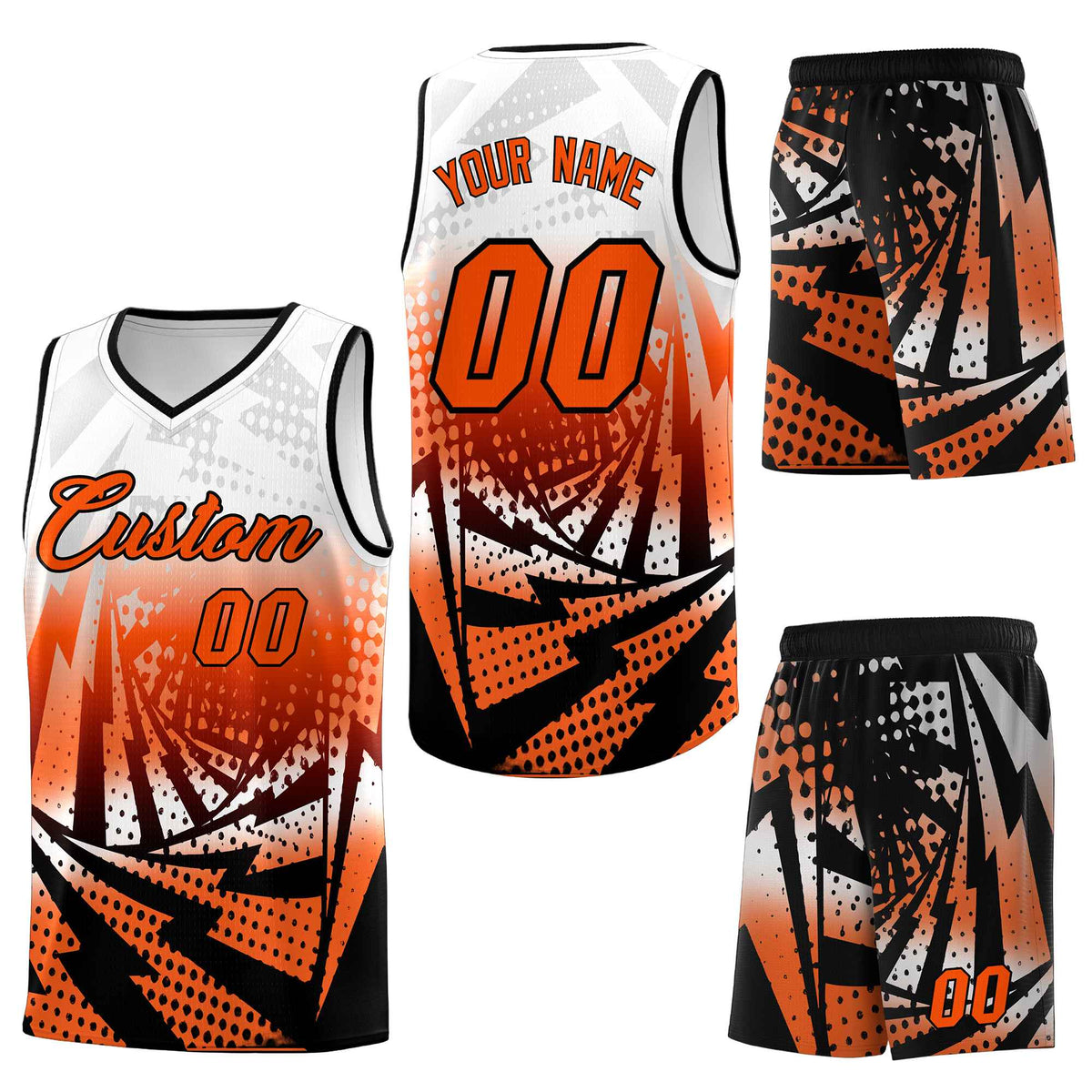 Custom White Orange Lightning Halftone Dot Design Breathable Uniform Basketball Jersey