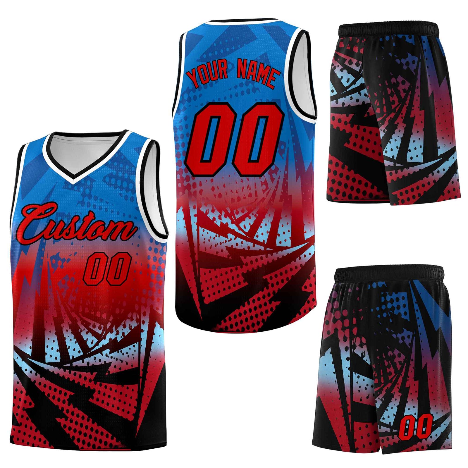 Custom Royal Red Lightning Halftone Dot Design Quick-Drying Uniform Basketball Jersey