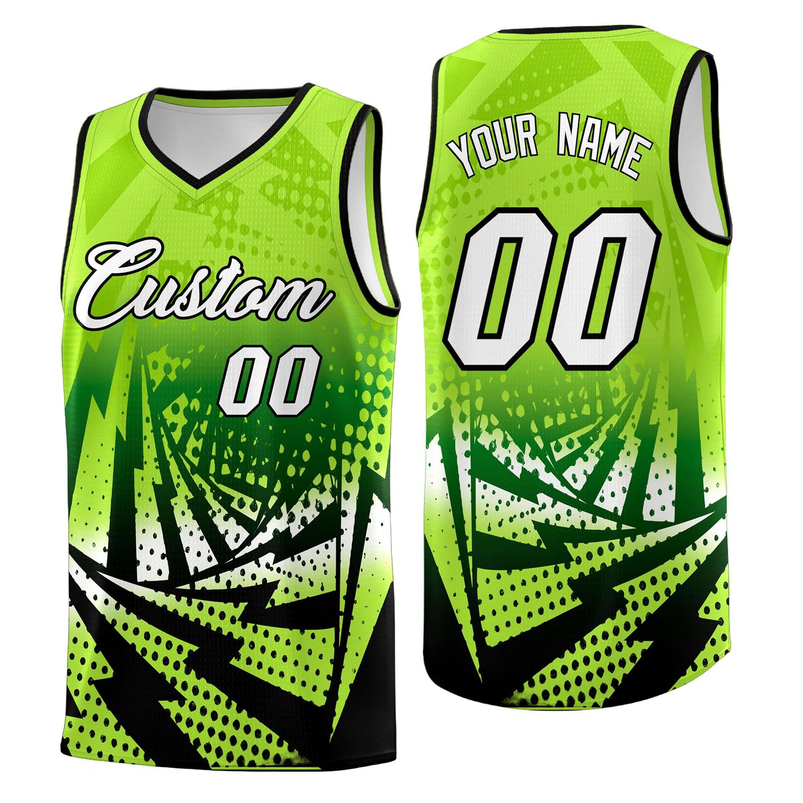 Custom Youth Basketball Jerseys Neon Green Black Lightning Halftone Personalized Team Uniforms