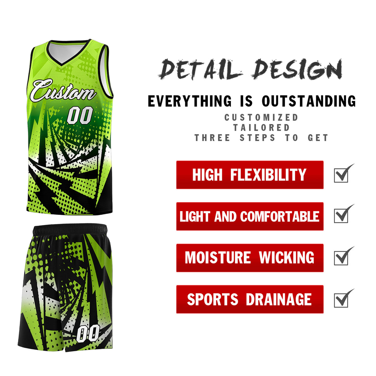 Custom Youth Basketball Jerseys Neon Green Black Lightning Halftone Personalized Team Uniforms