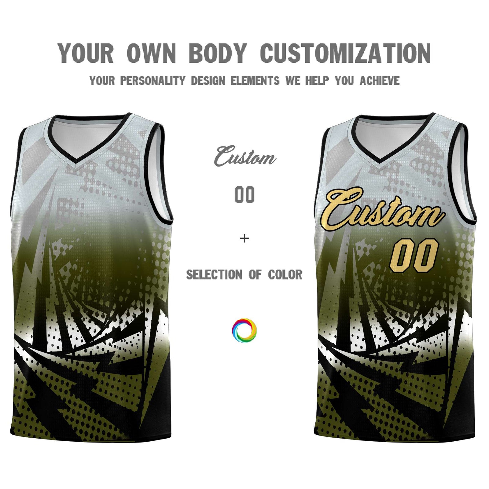 Custom Youth Basketball Jerseys Silver Gray Olive Lightning Design Halftone Personalized Uniforms