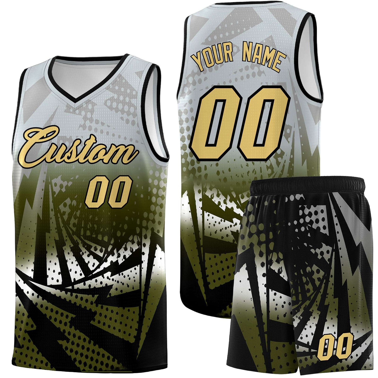 Custom Youth Basketball Jerseys Silver Gray Olive Lightning Design Halftone Personalized Uniforms
