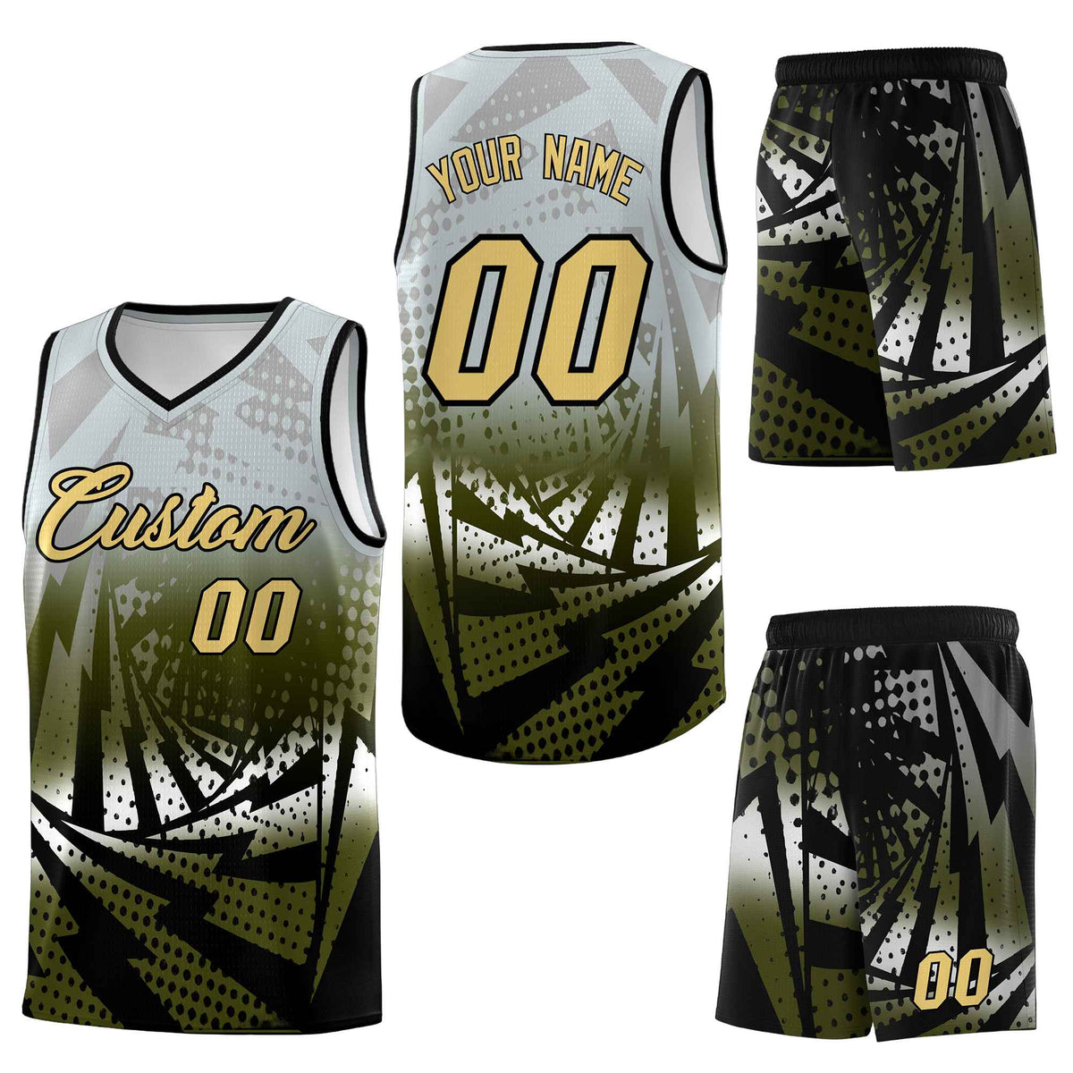 Custom Silver Gray Olive Lightning Halftone Dot Design Wrinkle-Resistant Uniform Basketball Jersey