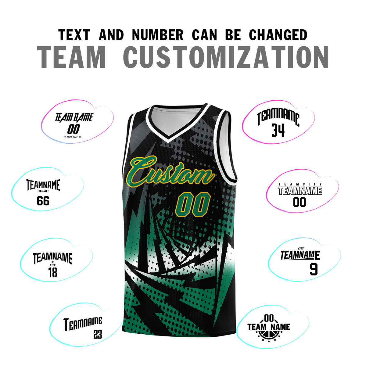 Custom Youth Basketball Jerseys Black Kelly Green Lightning Design Halftone Personalized Uniforms