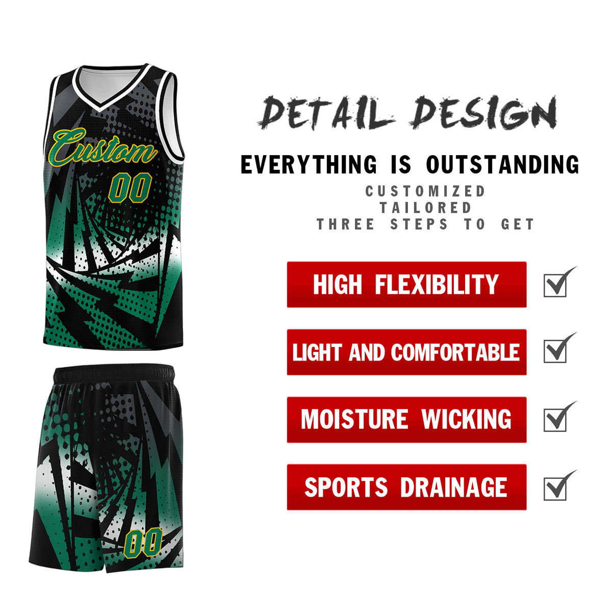 Custom Youth Basketball Jerseys Black Kelly Green Lightning Design Halftone Personalized Uniforms